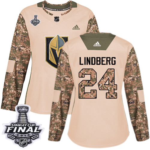 Adidas Golden Knights #24 Oscar Lindberg Camo Authentic Veterans Day 2018 Stanley Cup Final Women's Stitched NHL Jersey - Click Image to Close